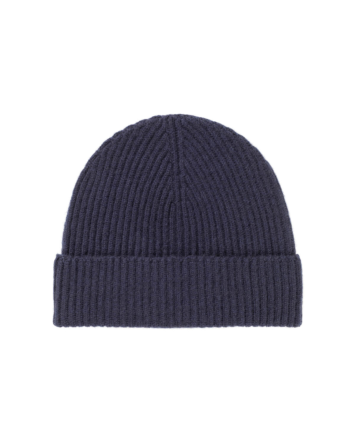 Johnstons of Elgin’s Navy Cashmere Ribbed Hat on white background HAA03320SD0707