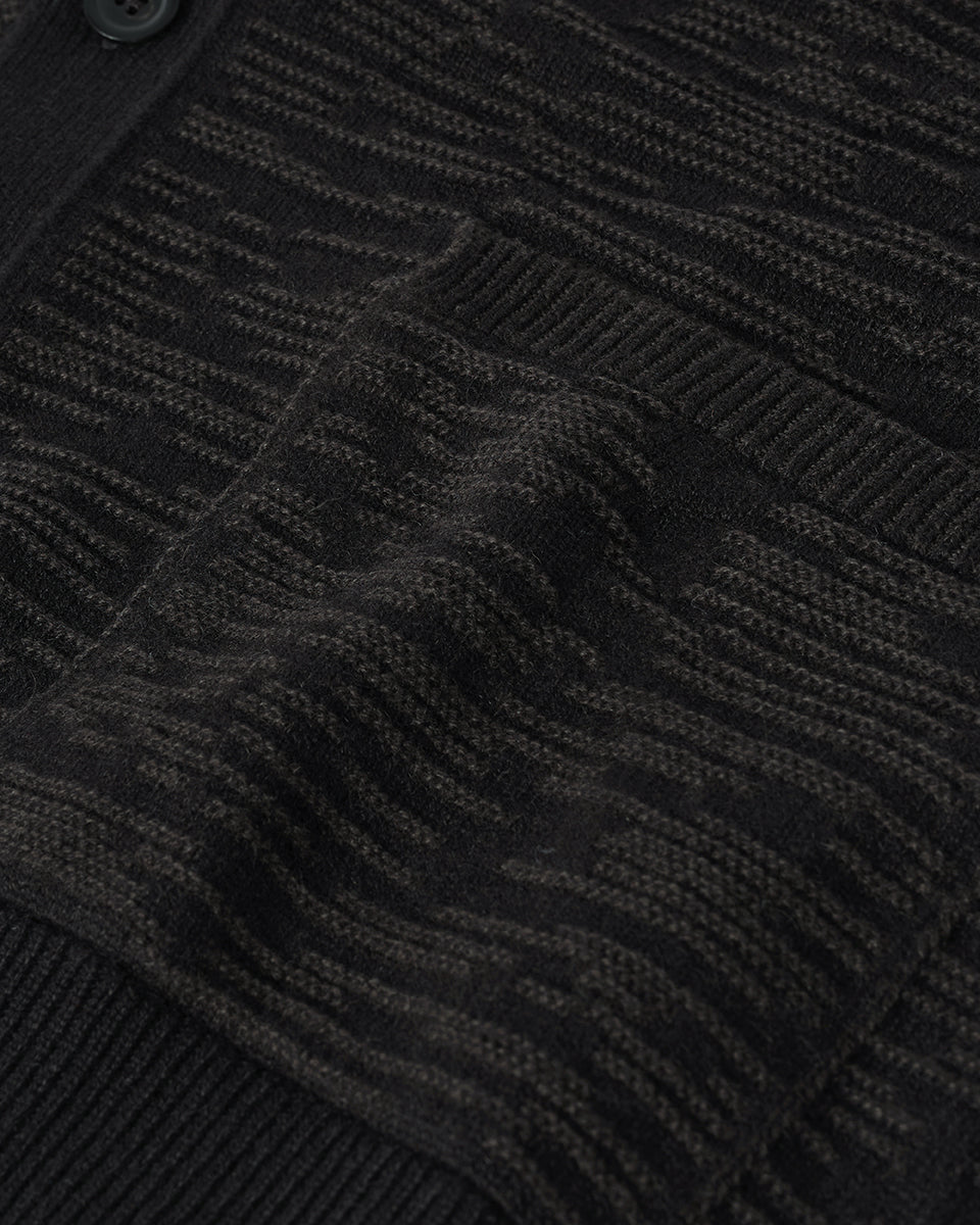 Johnstons of Elgin AW25 Men's Knitwear Black & Iron Plaited Texture Black Cashmere Cardigan Close Up KAA05579Q25387