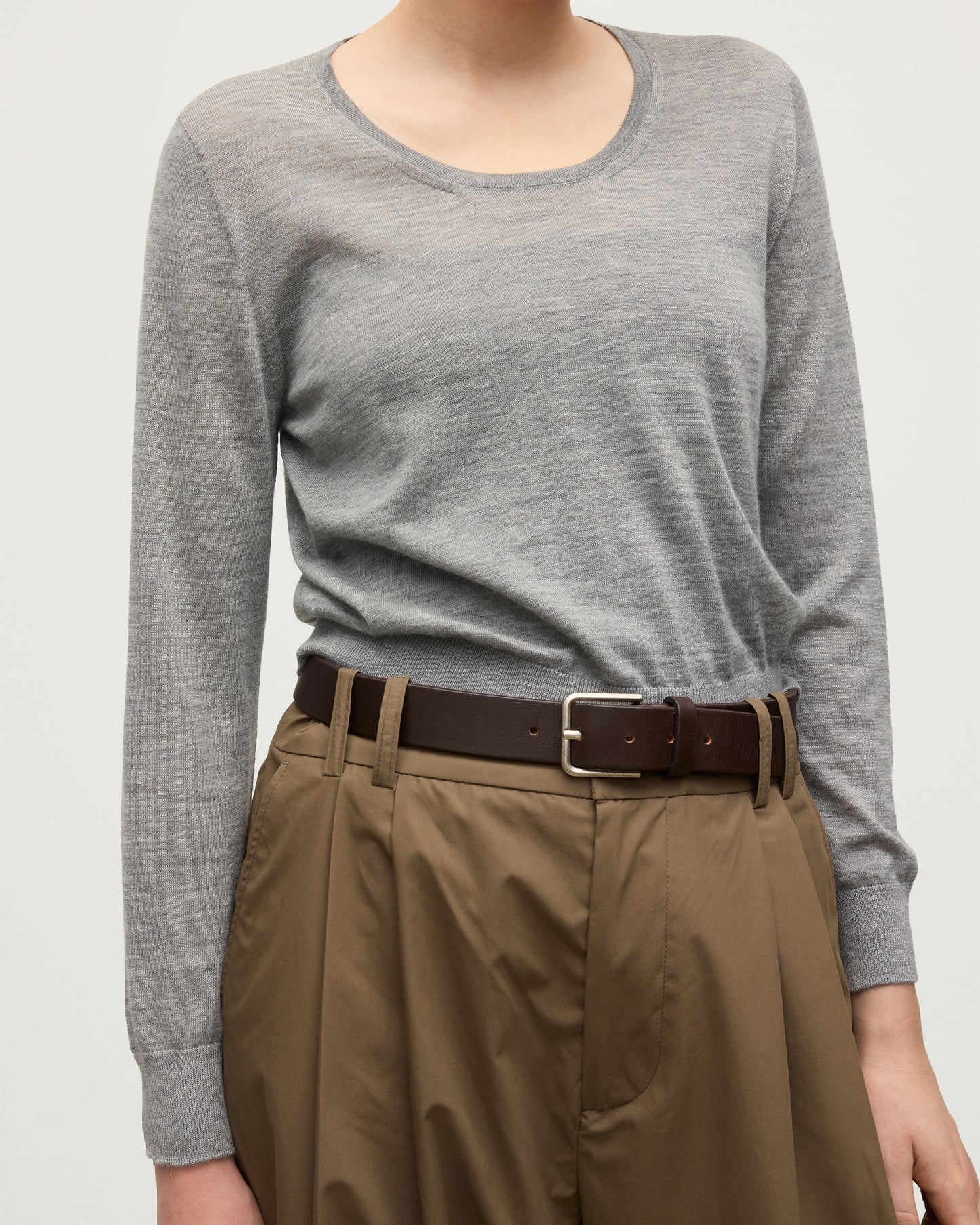 MODEL WEAR JOHNSTONS OF ELGIN WOMENS ELLA SCOOP SWEATER GREY WITH BROWN WIDE LEG TROUSERS KAI05723HA4253