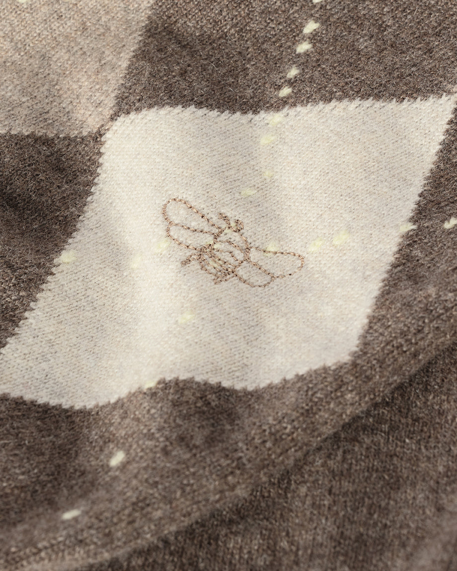 JOHNSTONS OF ELGIN CLAN CREW CARDIGAN PETITE CASHMERE ARGYLE INTARSIA ROUND NECK CARDIGAN - 2 PLY BROWN 100% CASHMERE KAP05731JU1652
