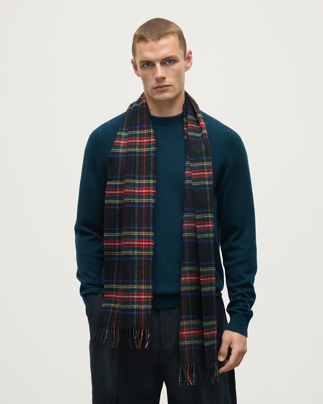 Johnstons of Elgin Tartan Cashmere Scarf in Black Stewart on a white background WA000016KU0324N/A