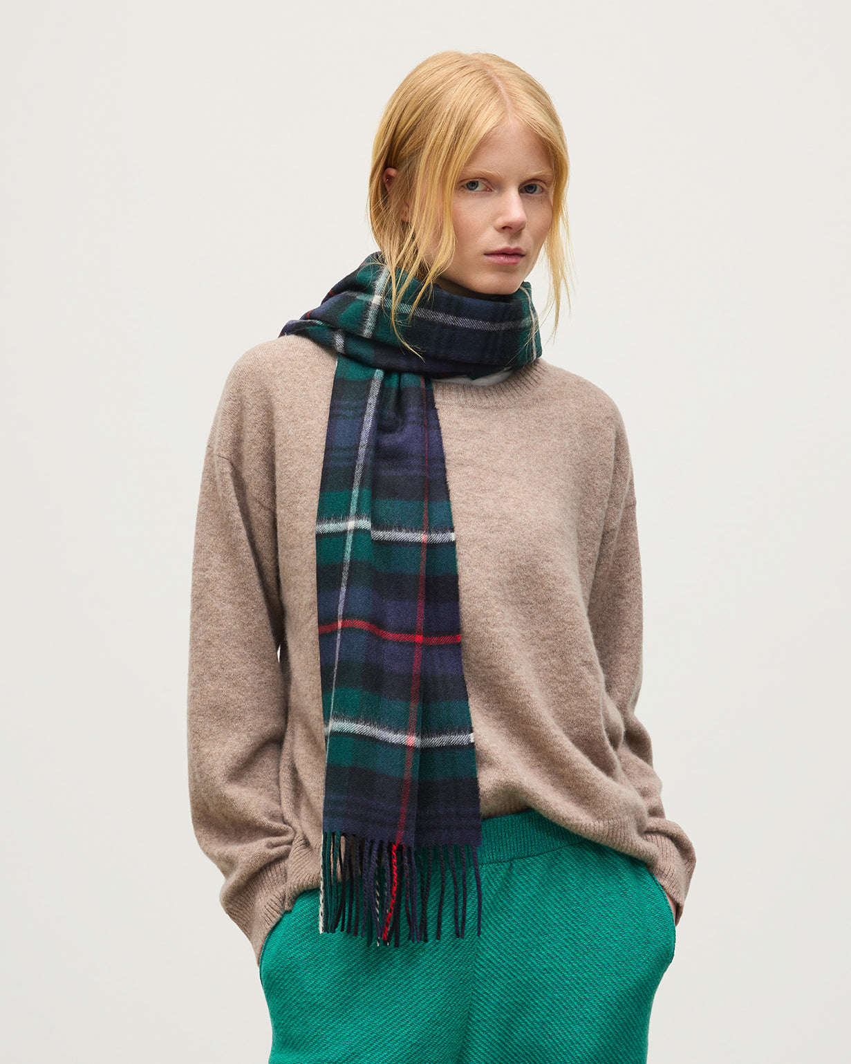 Johnstons of Elgin Tartan Oversized Cashmere Scarf in MacKenzie on a white background WA000057KU0309N/A