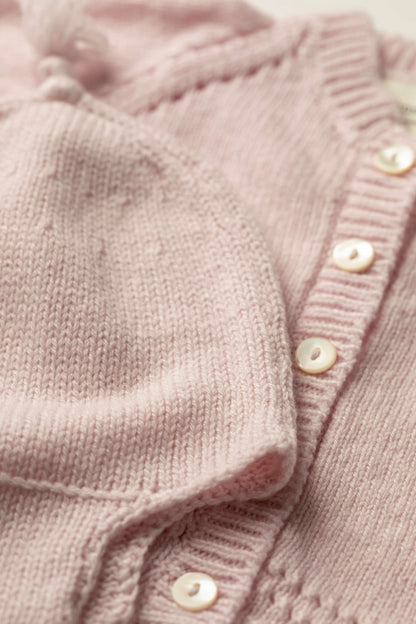 Johnstons of Elgin Baby Handknits Blush Hand Knit Cashmere Baby Cardigan & Cashmere Beanie Giftset AW21GIFTSET19B