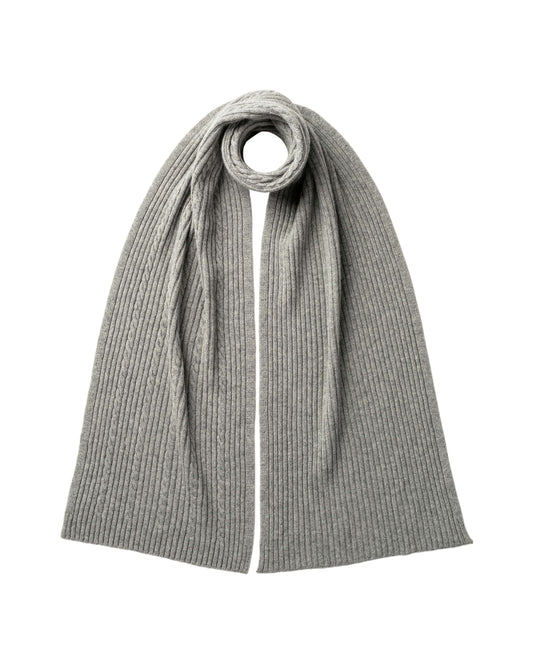 Johnstons of Elgin Knitted Accessories  Cable & Rib Grey Cashmere Scarf HAA03402HA0308ONE