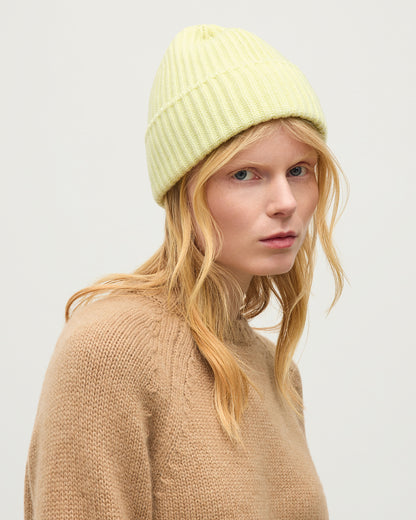 JOHNSTONS OF ELGIN CASHMERE RIBBED LOVAT BEANIE LIGHT YELLOW 100% CASHMERE HAY03614HF0025ONE
