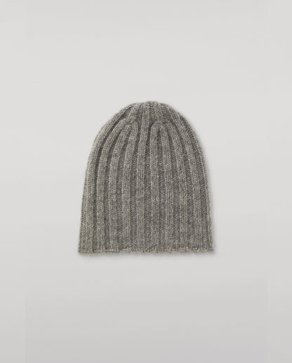 JOHNSTONS OF ELGIN BRUSHED CASHMERE SILK FLAT RIB PEAK TOP BYRNE BEANIE GREY 74% CASHMERE, 26% SILK HBC01179HA0429ONE
