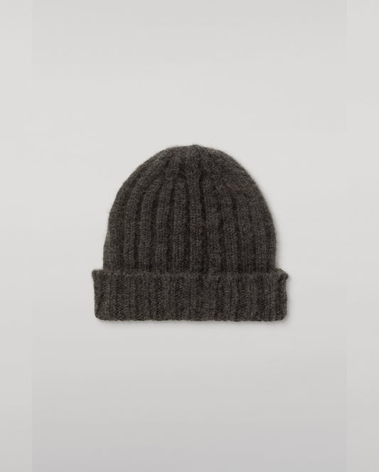 JOHNSTONS OF ELGIN BRUSHED CASHMERE SILK FLAT RIB PEAK TOP BYRNE BEANIE DARK GREY 74% CASHMERE, 26% SILK HBC01179HA7232ONE