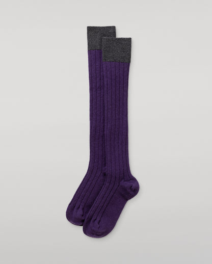 JOHNSTONS OF ELGIN WOMENS LONG RIBBED AINSLEY SOCK WITH CONTRAST CUFF PURPLE & DARK GREY 90% CASHMERE, 10% NYLON HBN02581Q26244ONE