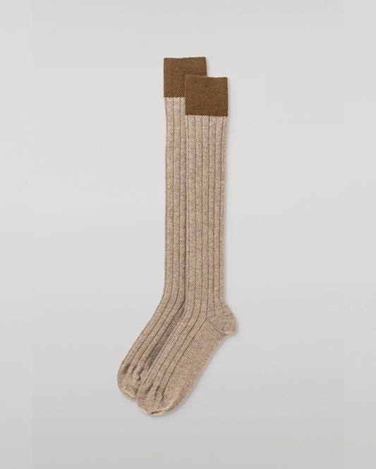 JOHNSTONS OF ELGIN WOMENS LONG RIBBED AINSLEY SOCK WITH CONTRAST CUFF LIGHT BROWN & GREEN 90% CASHMERE, 10% NYLON HBN02581Q26245ONE