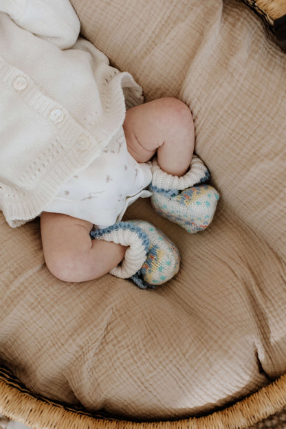 Johnstons of Elgin Baby Handknits SKYLINE (BLUE) Hand Knit Fairisle Cashmere Baby Booties JA000138SD0309