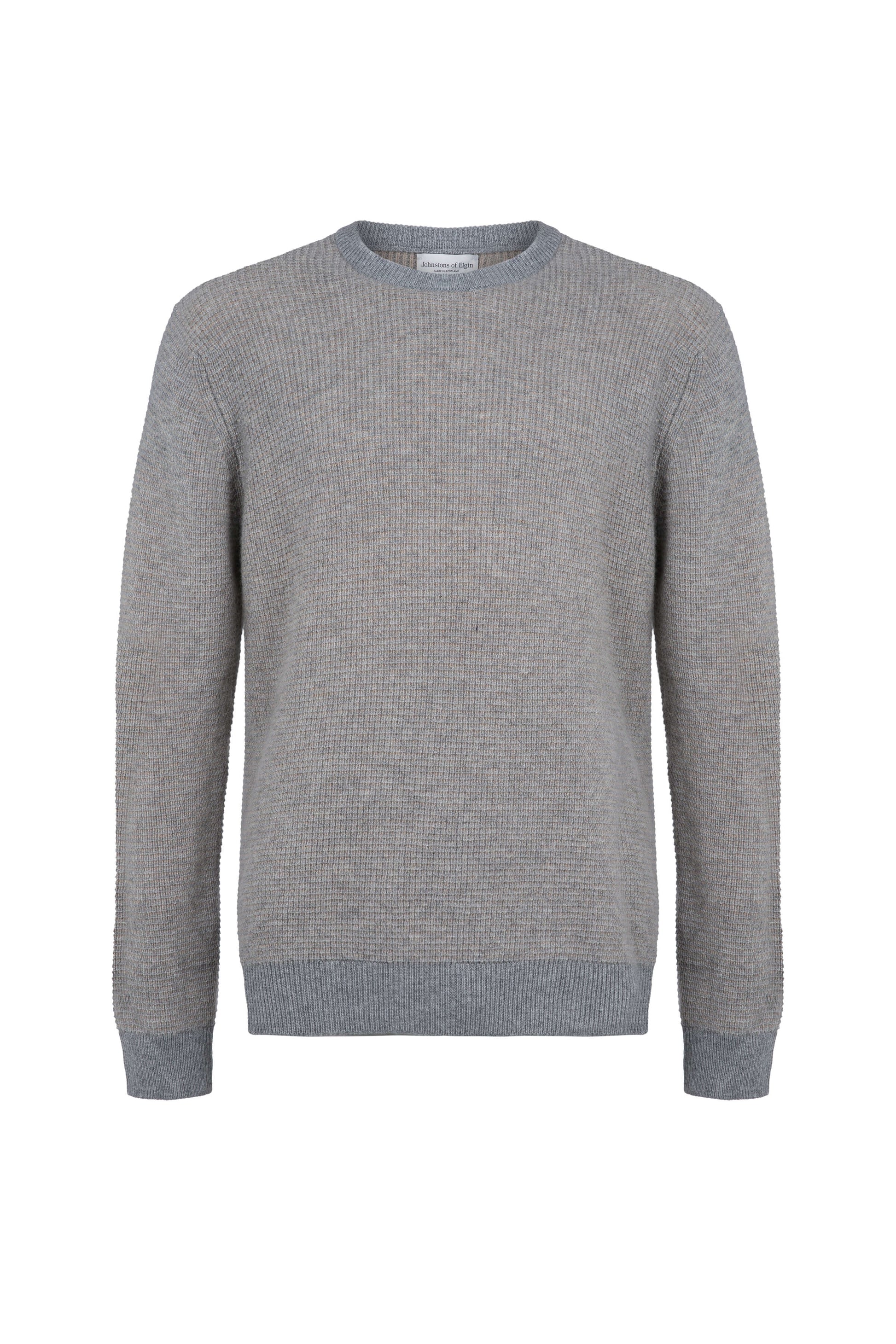 Johnstons of Elgin Mens Knitwear Light Grey & Oatmeal Textured Waffle Rib Cashmere Jumper KAA05042Q23703