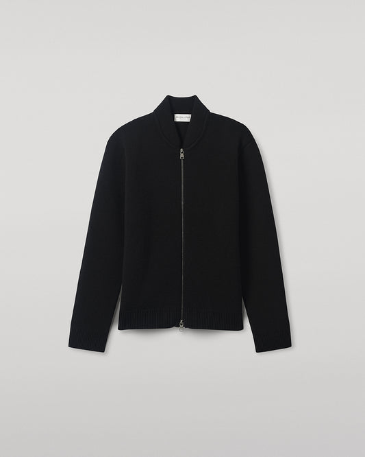 Front view of a model wearing Johnstons of Elgin Men's Knitwear Black Milano Ribbed Zip Black Cashmere  KAA05443SA7210