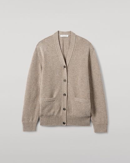 Model wearing Johnstons of Elgin AW25 Women's Knitwear Ash Boyfriend-Fit Brown Cashmere Cardigan close up KAA05560HB4334