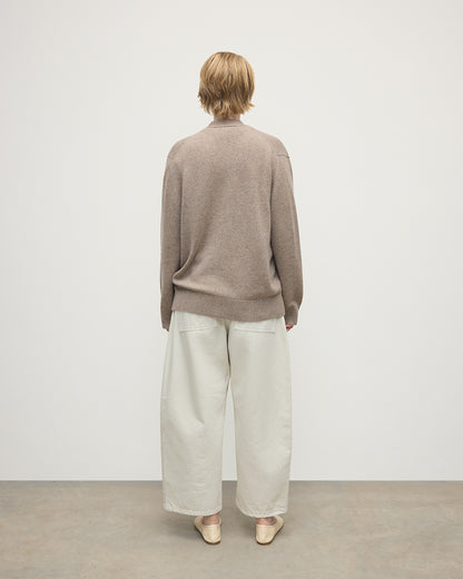 Model wearing Johnstons of Elgin AW25 Women's Knitwear Ash Boyfriend-Fit Brown Cashmere Cardigan Back View KAA05560HB4334