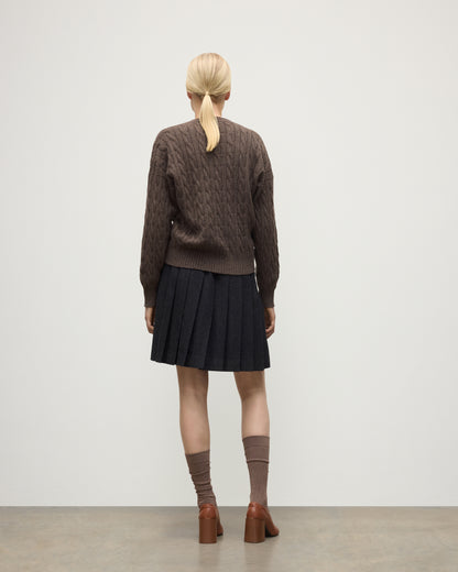 BACK OF WOMENS KYLESKU DEEP VEE SWEATER BROWN ON A MODEL KAA05728HB7126
