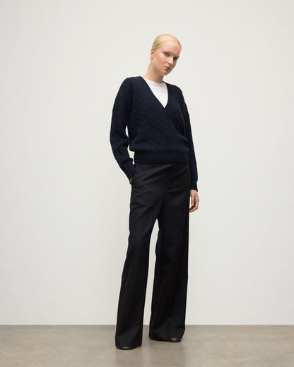 WOMENS KYLESKU DEEP VEE SWEATER NAVY ON A MODEL KAA05728HD7347