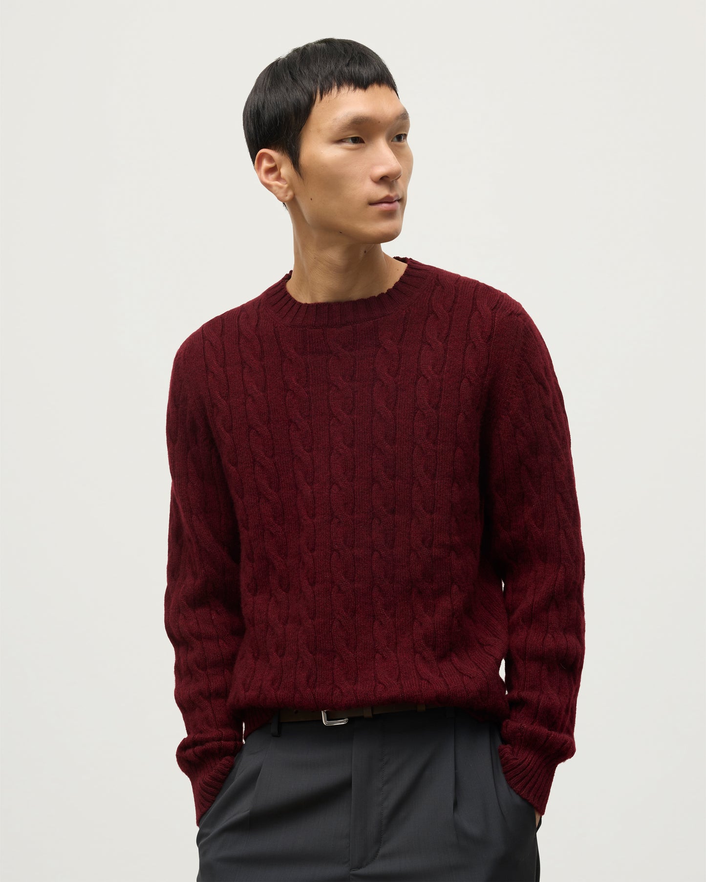 Johnstons of Elgin Men's 100% Cashmere Cable Sweater in Deep RedKAA05754HE7068