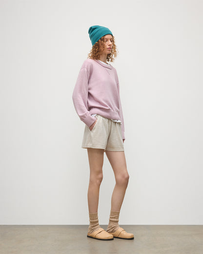 JOHNSTONS OF ELGIN WOMENS STELLA SWEATSHIRT PINK 100% CASHMERE WITH NATURAL CASHMERE SHORTS, AND VERDIGRIS BRAEMAR CASHMERE BEANIE KAA05770HE0071