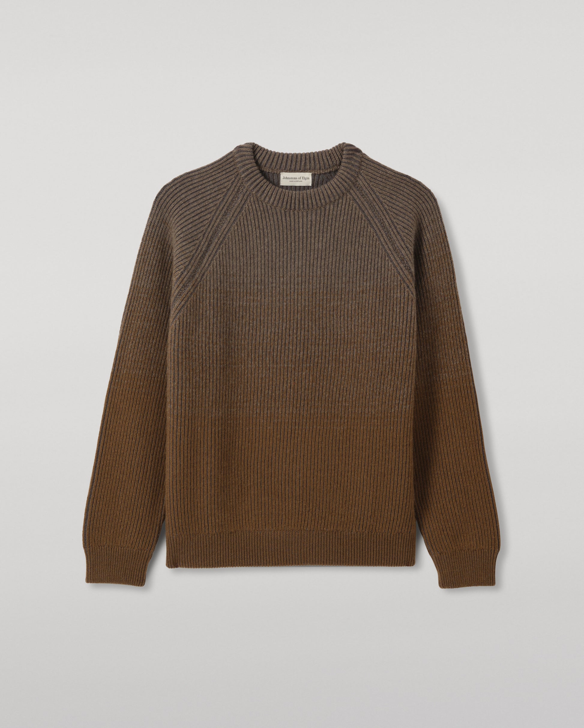 JOHNSTONS OF ELGIN PIONEER CREW SWEATER CASHMERE RIBBED OMBRE CREW NECK SWEATER - 6 PLY GREEN 100% CASHMERE KAA05954Q26323