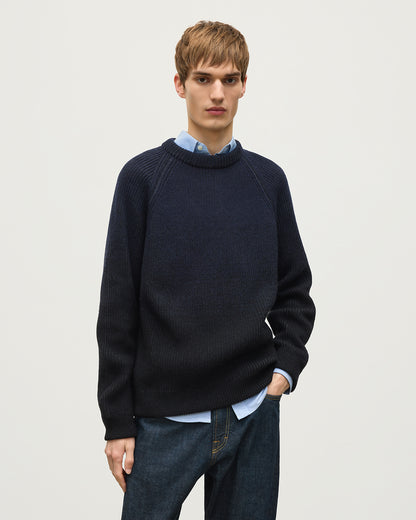 JOHNSTONS OF ELGIN PIONEER CREW SWEATER CASHMERE RIBBED OMBRE CREW NECK SWEATER - 6 PLY BLACK 100% CASHMERE KAA05954Q26321
