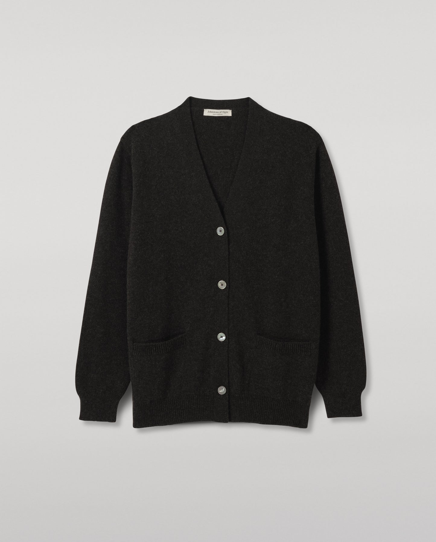 JOHNSTONS OF ELGIN WILD THISTLE INTARSIA CARDIGAN CASHMERE THISTLE INTARSIA VEE NECK CARDIGAN WITH POCKETS DARK GREY 100% CASHMERE KAA05974JU1657