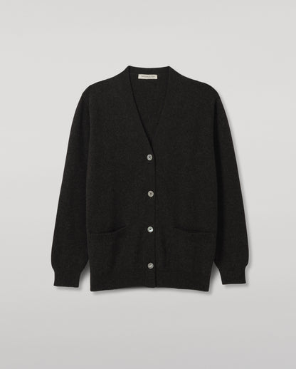 JOHNSTONS OF ELGIN WILD THISTLE INTARSIA CARDIGAN CASHMERE THISTLE INTARSIA VEE NECK CARDIGAN WITH POCKETS DARK GREY 100% CASHMERE KAA05974JU1657