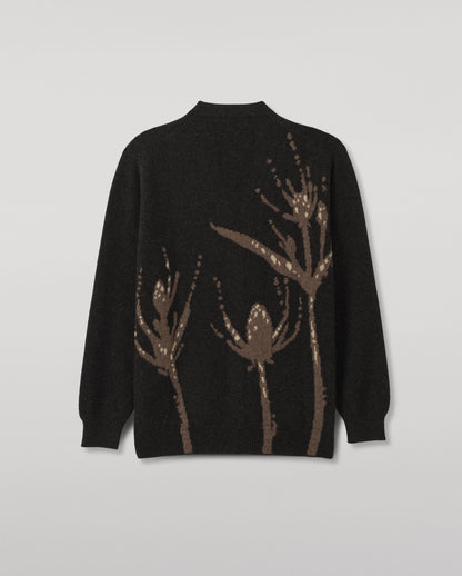 JOHNSTONS OF ELGIN WILD THISTLE INTARSIA CARDIGAN CASHMERE THISTLE INTARSIA VEE NECK CARDIGAN WITH POCKETS DARK GREY 100% CASHMERE KAA05974JU1657