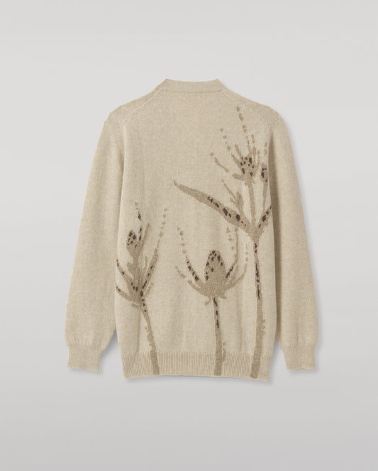 JOHNSTONS OF ELGIN WILD THISTLE INTARSIA CARDIGAN CASHMERE THISTLE INTARSIA VEE NECK CARDIGAN WITH POCKETS CREAM 100% CASHMERE KAA05974JU1659