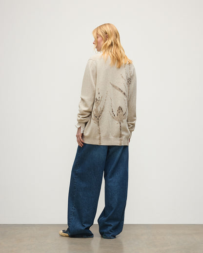 JOHNSTONS OF ELGIN WILD THISTLE INTARSIA CARDIGAN CASHMERE THISTLE INTARSIA VEE NECK CARDIGAN WITH POCKETS CREAM 100% CASHMERE KAA05974JU1659