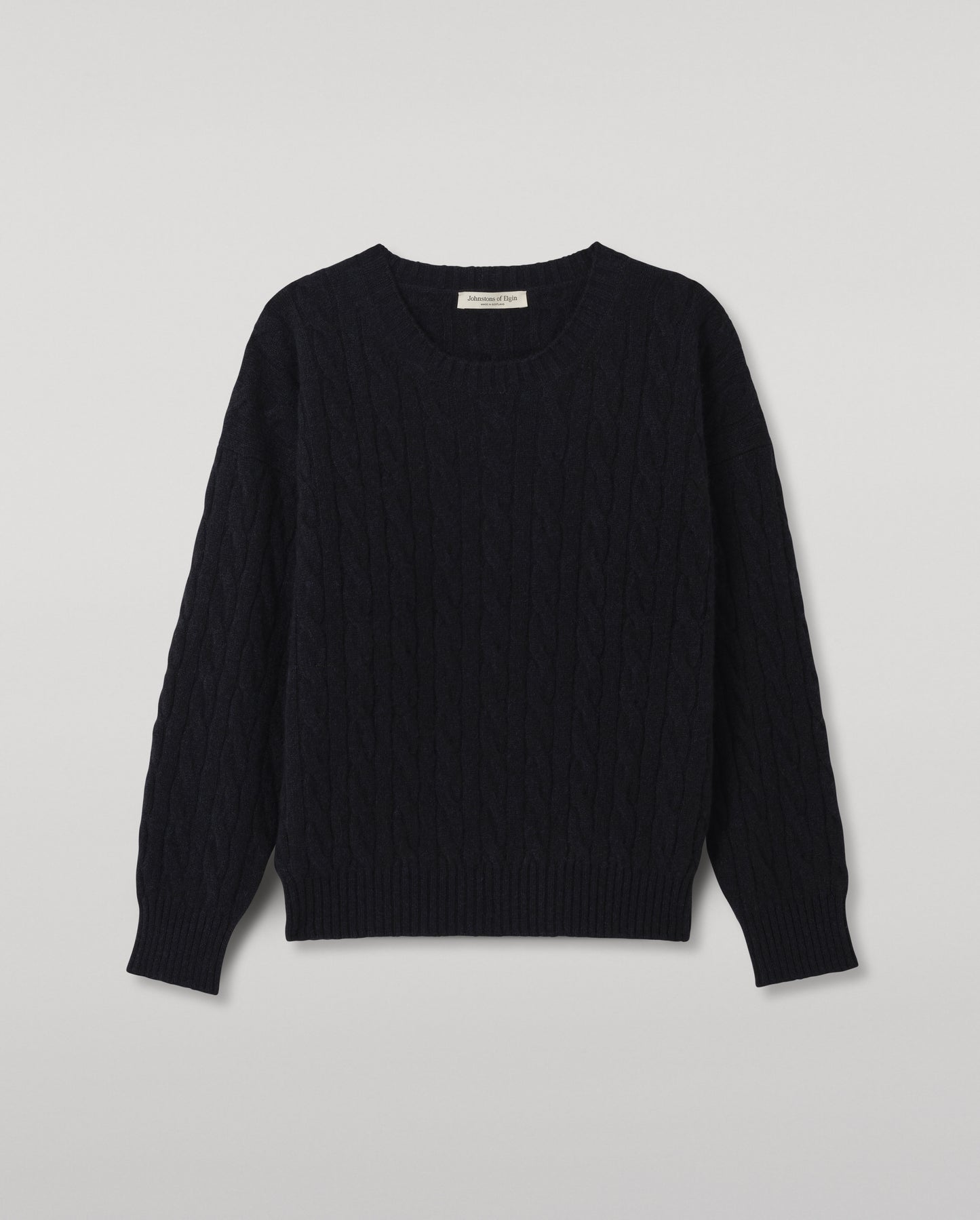 JOHNSTONS OF ELGIN KYLESKU CREW SWEATER CASHMERE CABLE ROUND NECK SWEATER DARK BLUE 100% CASHMERE KAA06028HD7347