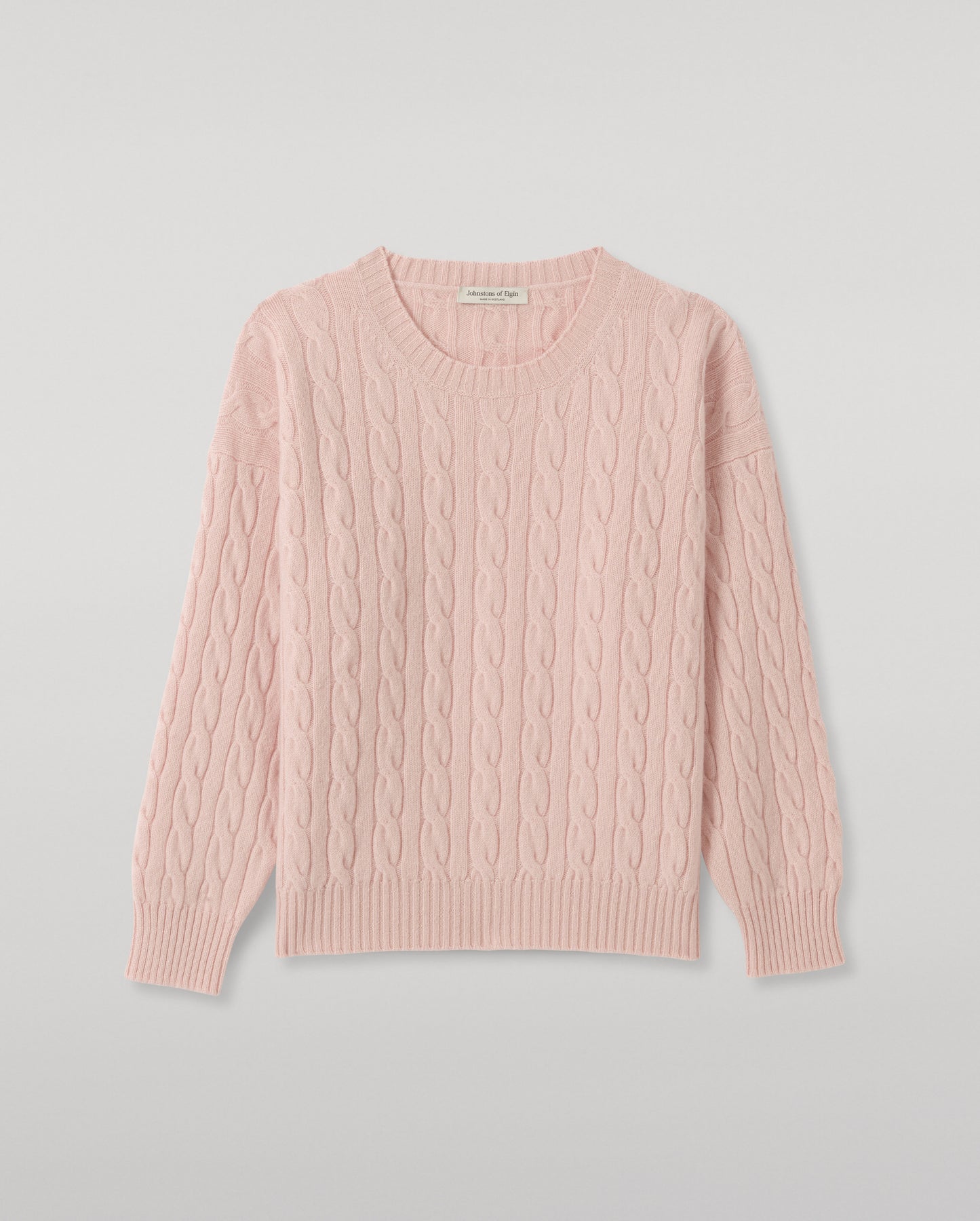 JOHNSTONS OF ELGIN KYLESKU CREW SWEATER CASHMERE CABLE ROUND NECK SWEATER LIGHT PINK 100% CASHMERE KAA06028SE5378XS