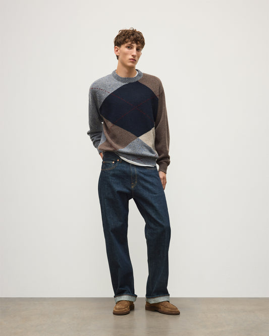 JOHNSTONS OF ELGIN MONTEITH CREW SWEATER DONEGAL CASHMERE EXPLODED ARGYLE CREW SWEATER GREY 100% CASHMERE KAA06033JU1639