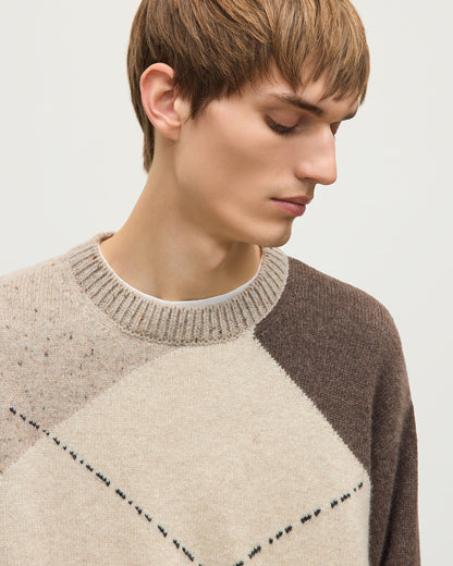 JOHNSTONS OF ELGIN MONTEITH CREW SWEATER DONEGAL CASHMERE EXPLODED ARGYLE CREW SWEATER CREAM 100% CASHMERE KAA06033JU1641