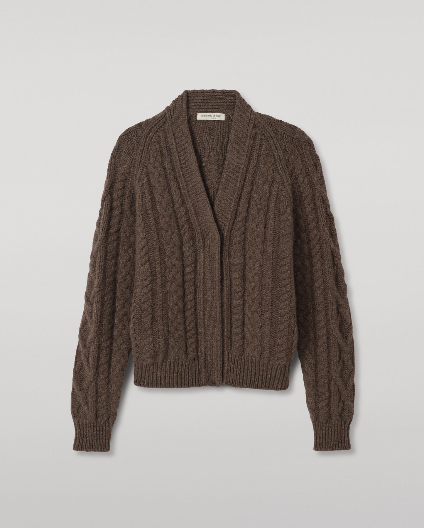 JOHNSTONS OF ELGIN MABEL VEE CARDIGAN CASHMERE ARAN CABLE VEE NECK CARDIGAN DETAIL ON BACK BROWN 100% CASHMERE KAB05982HB7126
