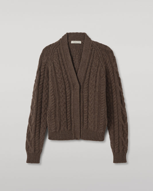 JOHNSTONS OF ELGIN MABEL VEE CARDIGAN CASHMERE ARAN CABLE VEE NECK CARDIGAN DETAIL ON BACK BROWN 100% CASHMERE KAB05982HB7126