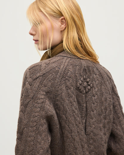 JOHNSTONS OF ELGIN MABEL VEE CARDIGAN CASHMERE ARAN CABLE VEE NECK CARDIGAN DETAIL ON BACK BROWN 100% CASHMERE KAB05982HB7126