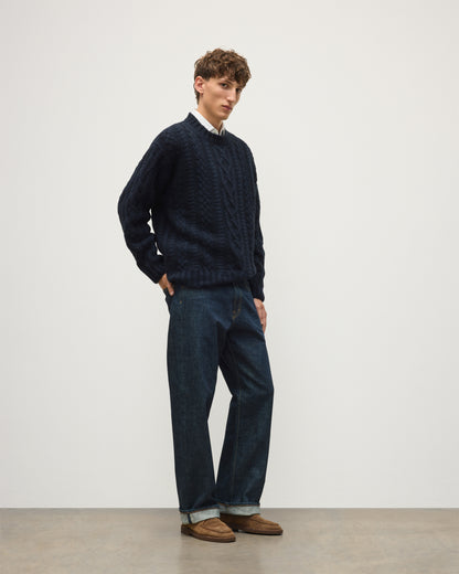 JOHNSTONS OF ELGIN MACDONALD CABLE CREW CASHMERE ARAN CABLE CREW SWEATER DARK BLUE 100% CASHMERE KAB06009HD7347