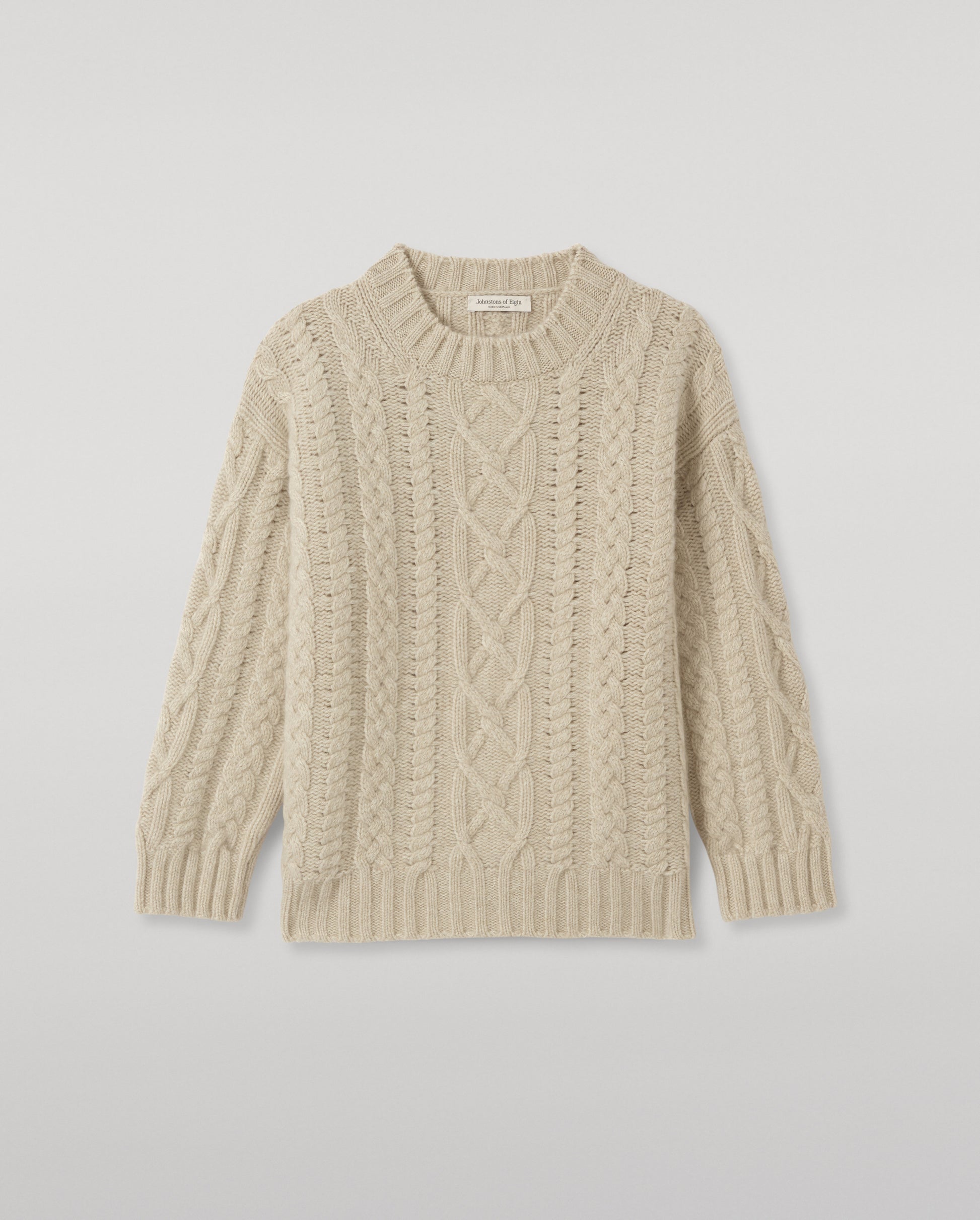 JOHNSTONS OF ELGIN MABEL CREW SWEATER CASHMERE ARAN CABLE ROUND NECK SWEATER CREAM 100% CASHMERE KAB06123HA0396