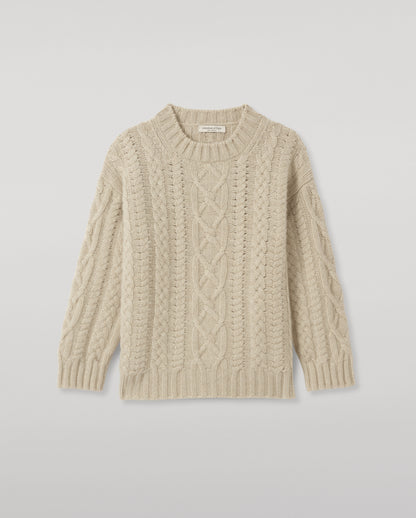 JOHNSTONS OF ELGIN MABEL CREW SWEATER CASHMERE ARAN CABLE ROUND NECK SWEATER CREAM 100% CASHMERE KAB06123HA0396
