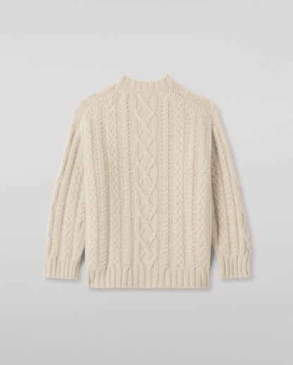 JOHNSTONS OF ELGIN MABEL CREW SWEATER CASHMERE ARAN CABLE ROUND NECK SWEATER CREAM 100% CASHMERE KAB06123HA0396