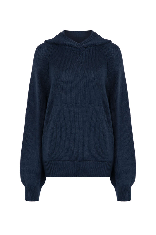 Johnstons of Elgin Womens Knitwear Mazarine Blue Oversized Cashmere Hoodie KAC05050SD7351