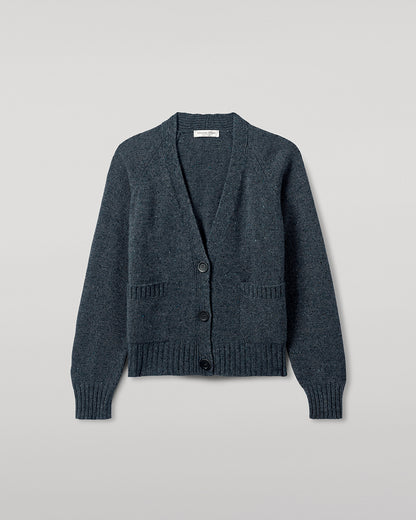 Johnstons of Elgin AW25 Women's Knitwear Storm Donegal Donegal Cashmere Blue V Neck Cardigan close up KAC05090006336