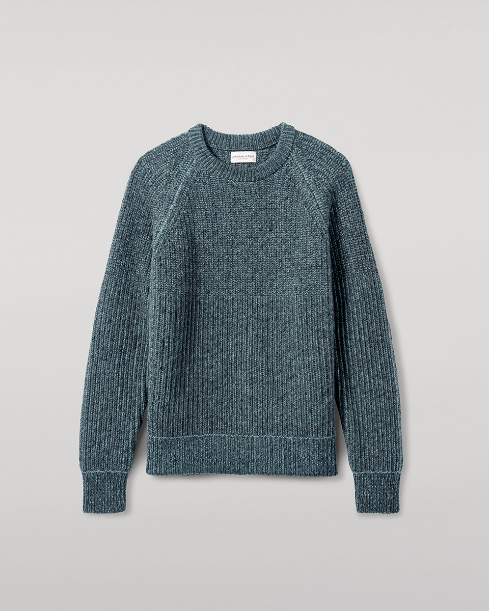 Johnstons of Elgin AW25 Men's Knitwear Storm Donegal & Seascape Ribbed Donegal Cashmere Blue Jumper Details  KAC05581Q25392