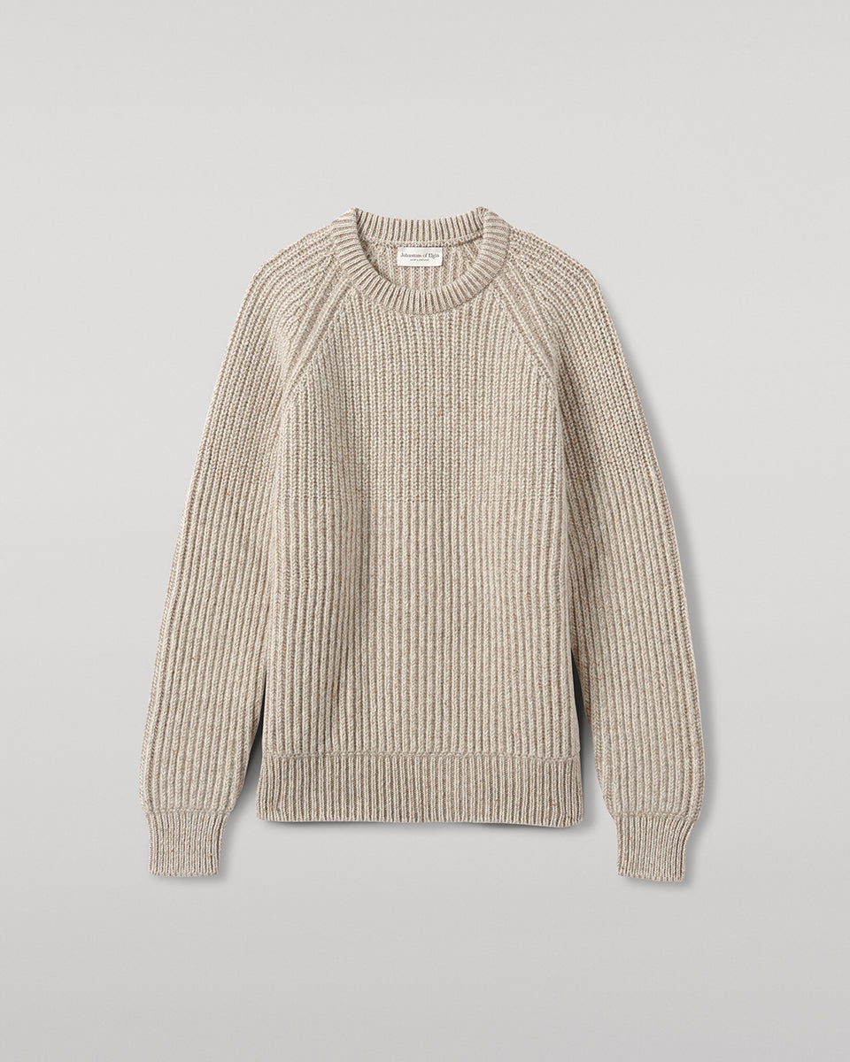 Johnstons of Elgin AW25 Men's Knitwear Cream Dun Donegal & Ash Ribbed Donegal Cashmere Cream Jumper KAC05581Q25394