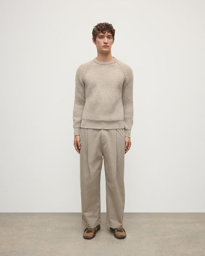Front view of a model wearing Johnstons of Elgin AW25 Men's Knitwear Cream Dun Donegal & Ash Ribbed Donegal Cashmere Cream Jumper KAC05581Q25394