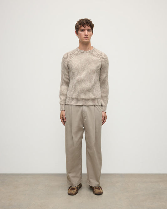 Front view of a model wearing Johnstons of Elgin AW25 Men's Knitwear Cream Dun Donegal & Ash Ribbed Donegal Cashmere Cream Jumper KAC05581Q25394