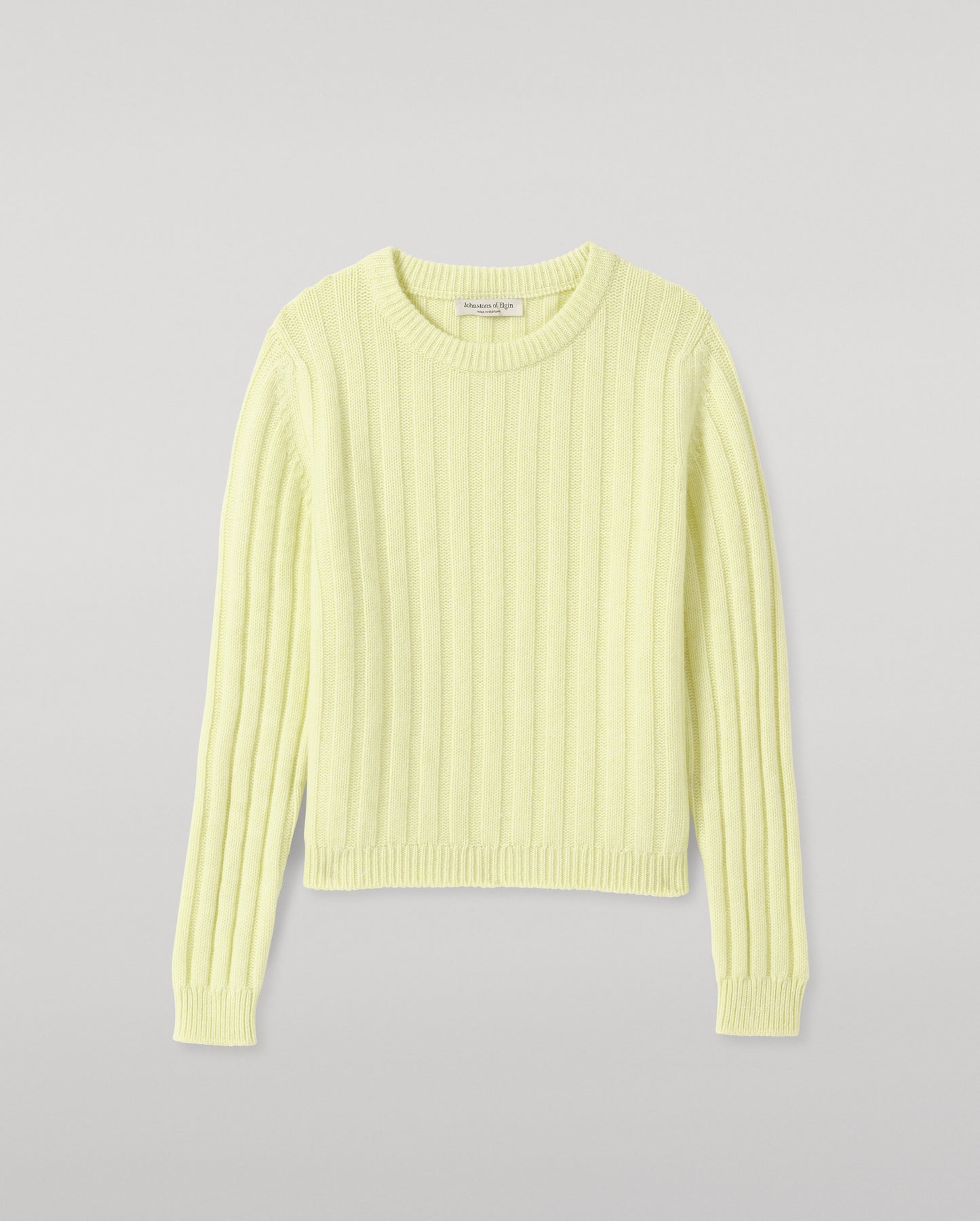 JOHNSTONS OF ELGIN LECHT CREW SWEATER PETITE CASHMERE FLAT RIB ROUND NECK SWEATER - 8 PLY LIGHT YELLOW 100% CASHMERE KAC05706HF0025