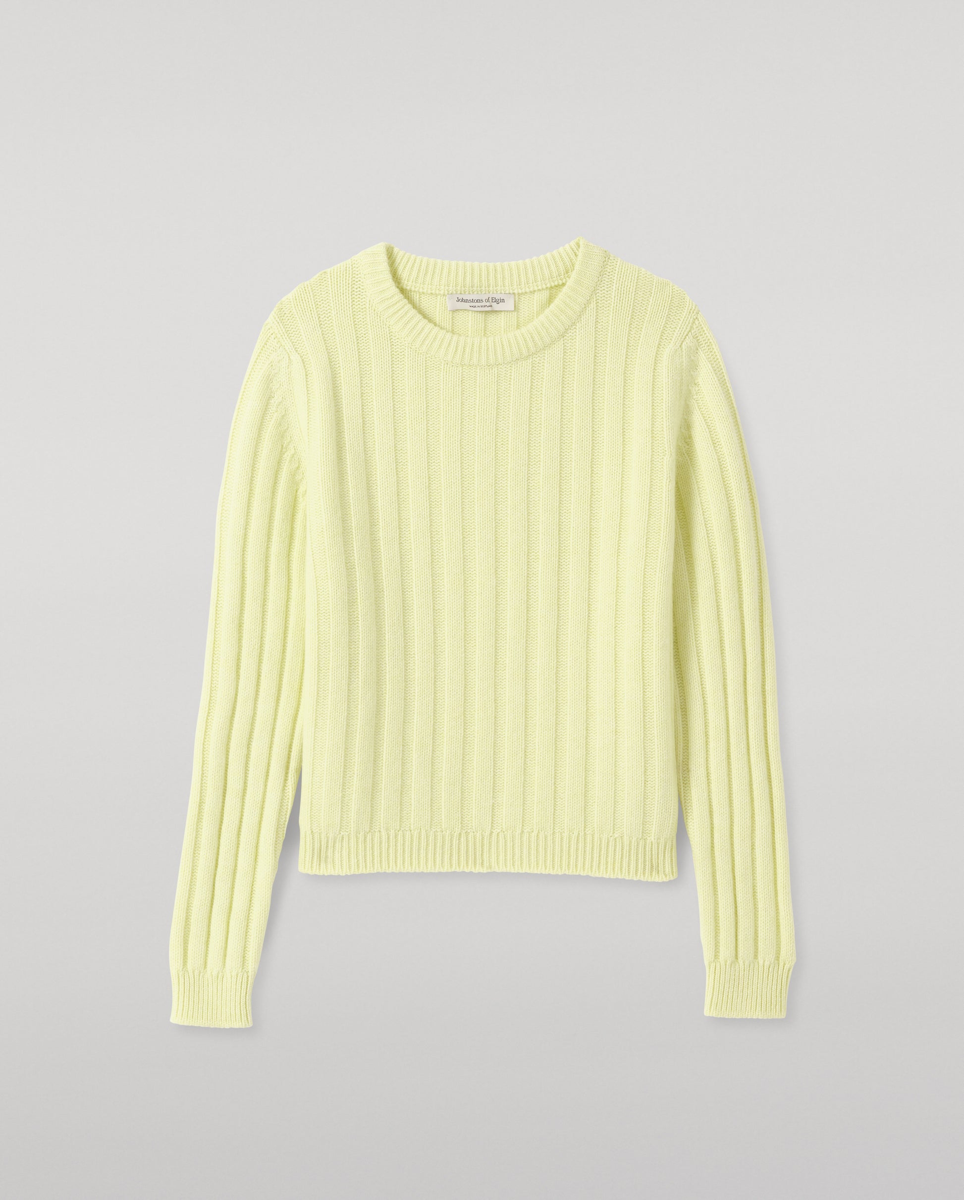 JOHNSTONS OF ELGIN LECHT CREW SWEATER PETITE CASHMERE FLAT RIB ROUND NECK SWEATER - 8 PLY LIGHT YELLOW 100% CASHMERE KAC05706HF0025