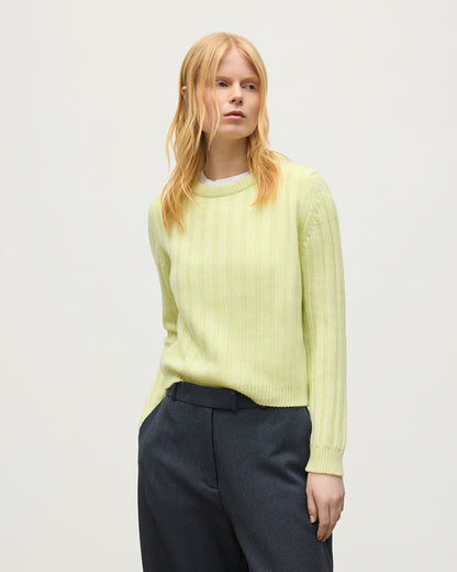 JOHNSTONS OF ELGIN LECHT CREW SWEATER PETITE CASHMERE FLAT RIB ROUND NECK SWEATER - 8 PLY LIGHT YELLOW 100% CASHMERE KAC05706HF0025