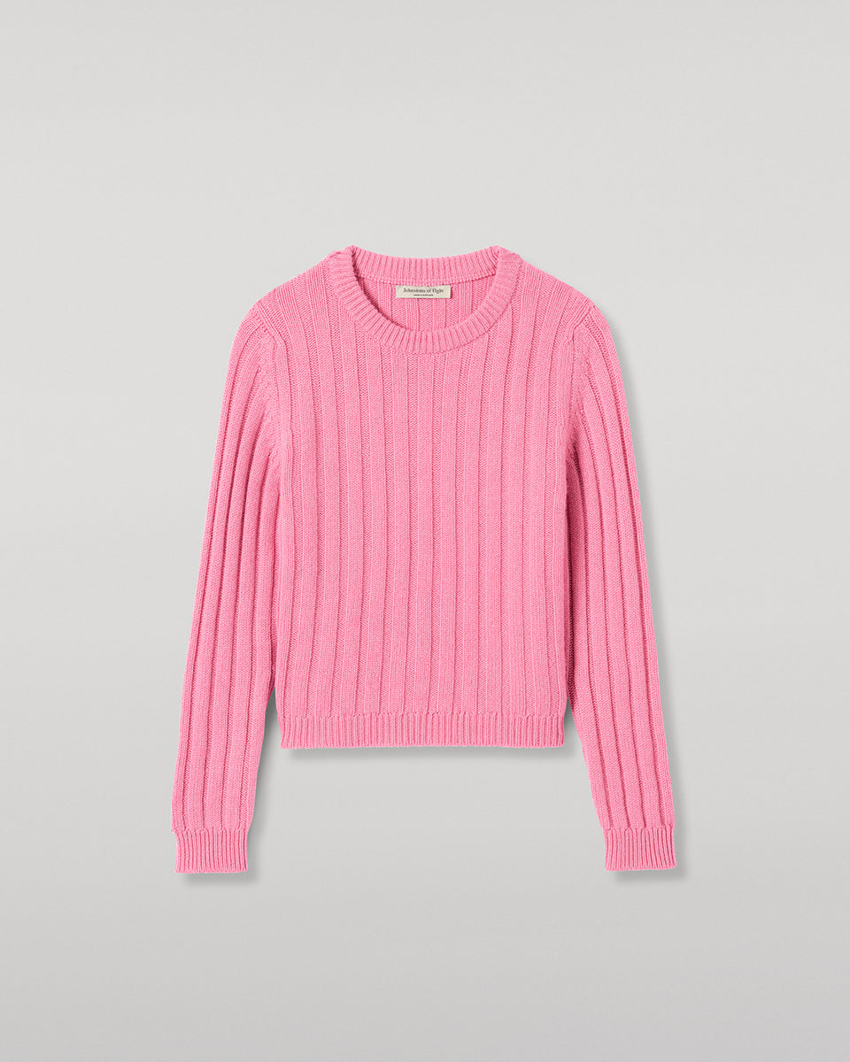 JOHNSTONS OF ELGIN LECHT CREW SWEATER PETITE CASHMERE FLAT RIB ROUND NECK SWEATER - 8 PLY PINK 100% CASHMERE KAC05706SE5394